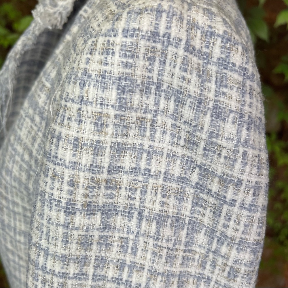 MAISON D'AMELIE PARIS Quiet Luxury Blue and White Tweed Plaid Fringed Jacket, 4 - Picture 8 of 13